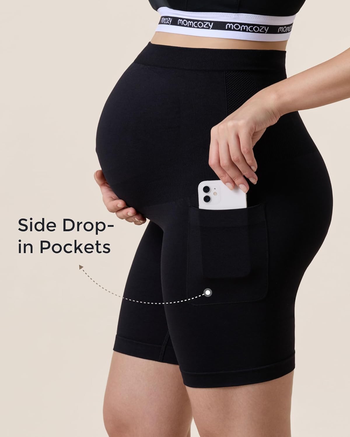 Momcozy Women Maternity Biker Shorts with Pocket 6" Over Belly High Waisted Pregnancy Yoga Shorts Seamless Casual Activewear