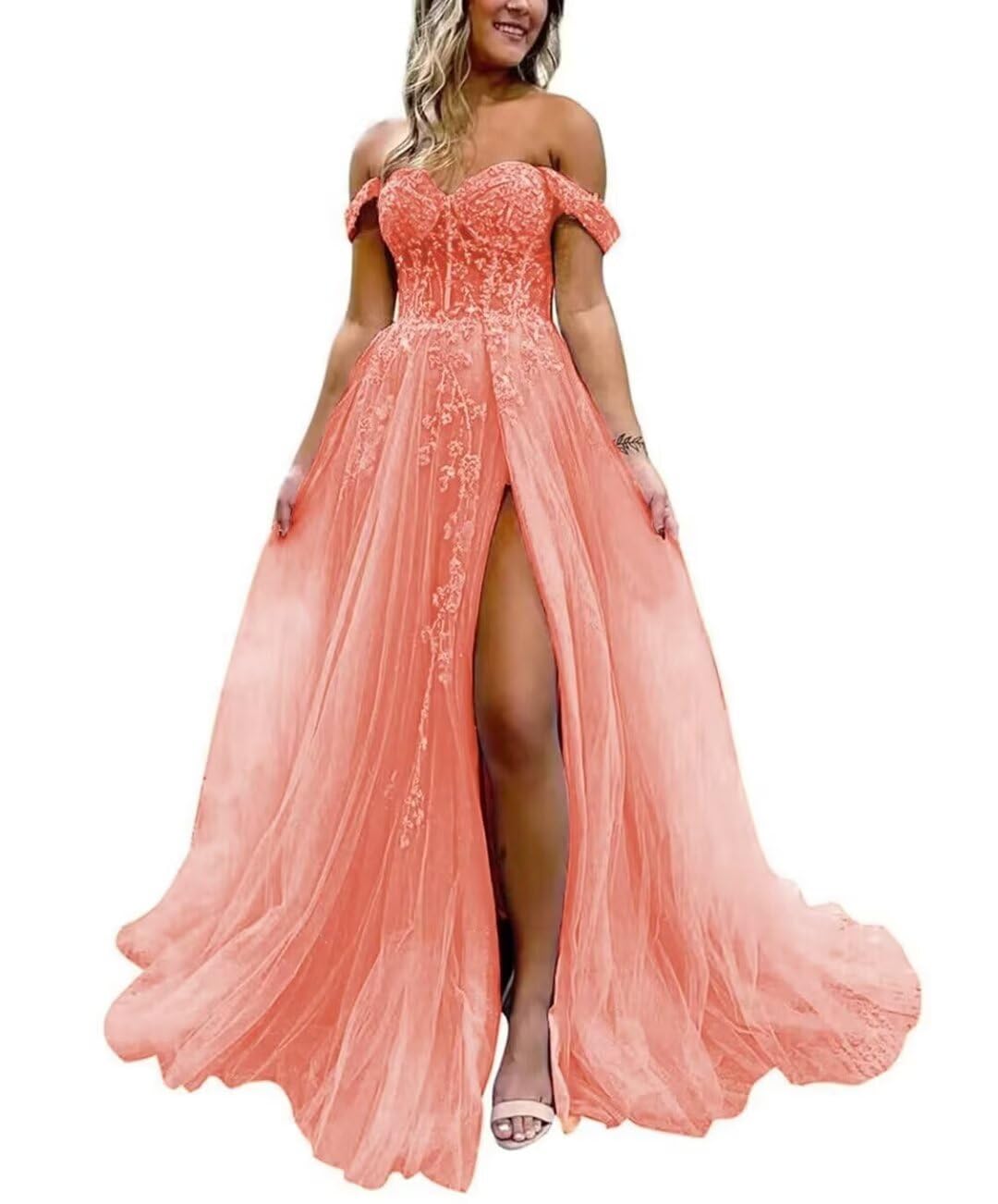 Off The Shoulder Tulle Prom Dress with Laces Applique A-line Slit Long Ball Gowns Glitter Formal Evening Dress