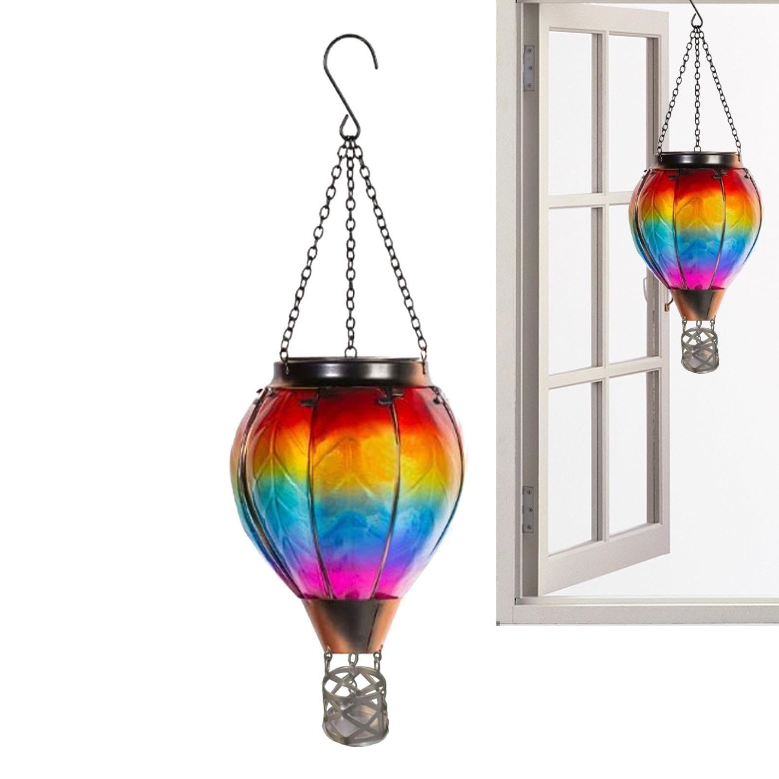 Hot Air Balloon Solar Lantern with Flickering Flame, Cleaning Energy Waterproof Outdoor Hanging LED Light, Rainbow Hot Air Balloon Landscape Light, Home Decor Portable Garden Metal Lamp