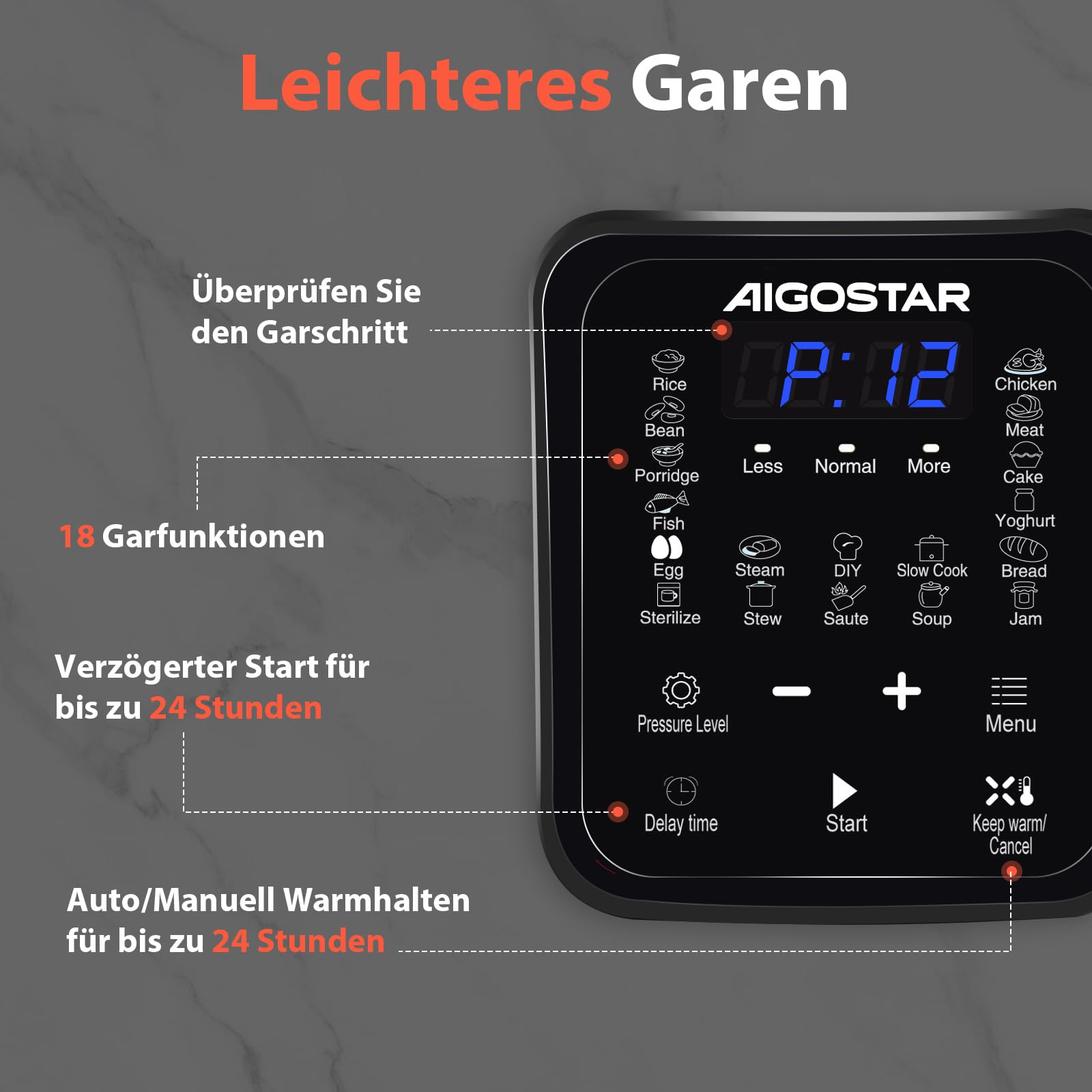 Aigostar Schnellkochtopf 6l, 18-in-1 Multikocher, Antihaft, leichte Reinigung, 1000 W Pressure Cooker, Rice Cooker, Slow Cooker, Dampfgarer, Joghurtbereiter, Speisewärmer inkl. farbigem Rezeptbuch