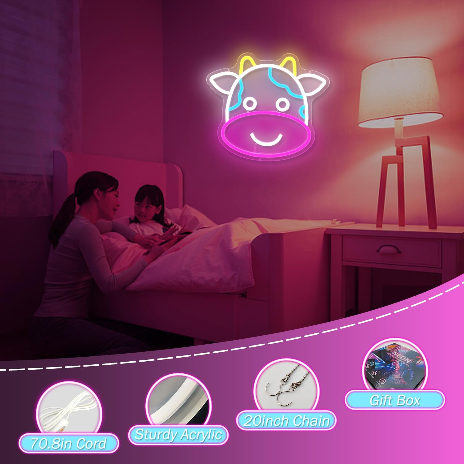 Cow Neon Sign Cute Cow Neon LED Signs for Wall Dimmable Light Up Signs for Kids Room Bedroom Led Lights Sign Decor Animal Night Light Gift for Boys Girls USB Powered