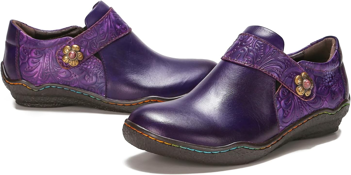 Superladystar's Women Comfy Cowhide Hand Made Flat Shoes, Coloring Painted, Hand Embossed, Retro Style, Walk Shoes