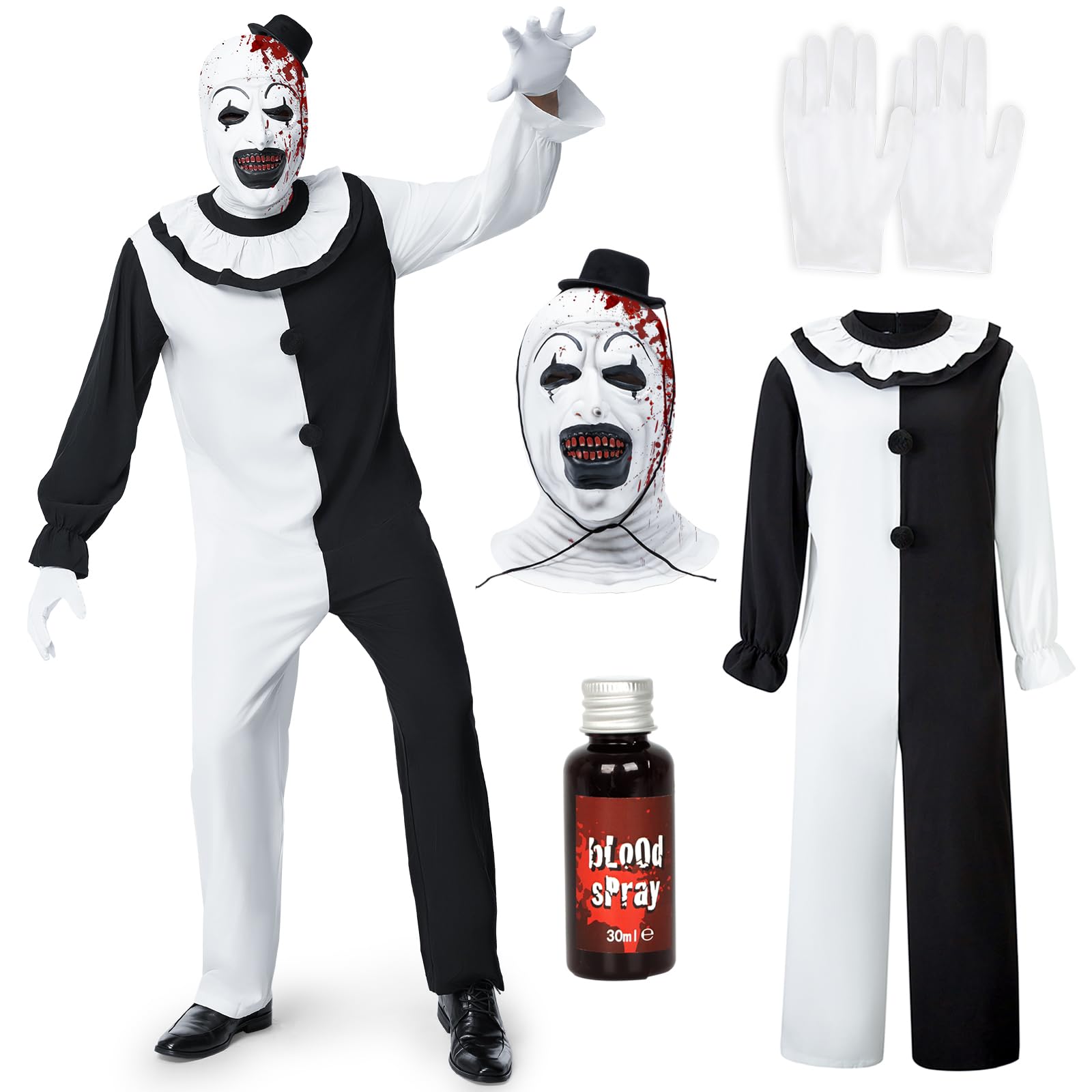 Kostium męski z horroru, terrifier na Halloween, kostium typu clown, zestaw z czarno-białym kombinezonem i maską z horroru terryfizera, na Halloween, karnawał