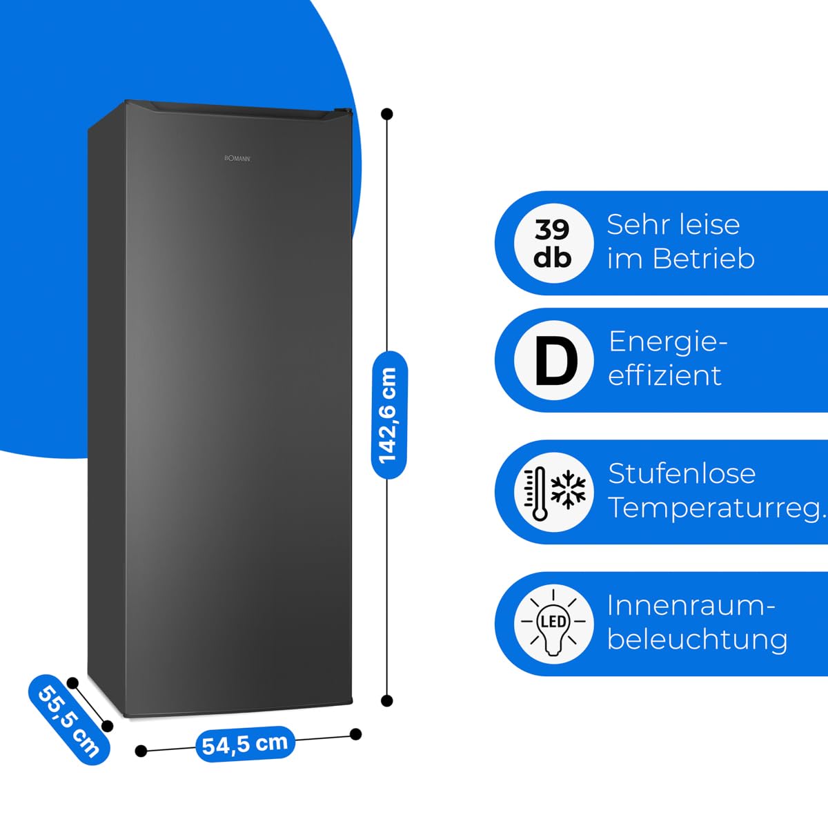 Bomann® Kühlschrank ohne Gefrierfach | Energieklasse D | 143cm | 5 Ablagen | 0°C ~ +8°C | leise 39dB | Getränkekühlschrank | 242L Flaschenkühlschrank | Kühlschrank groß | VS 7363 schwarz-inox