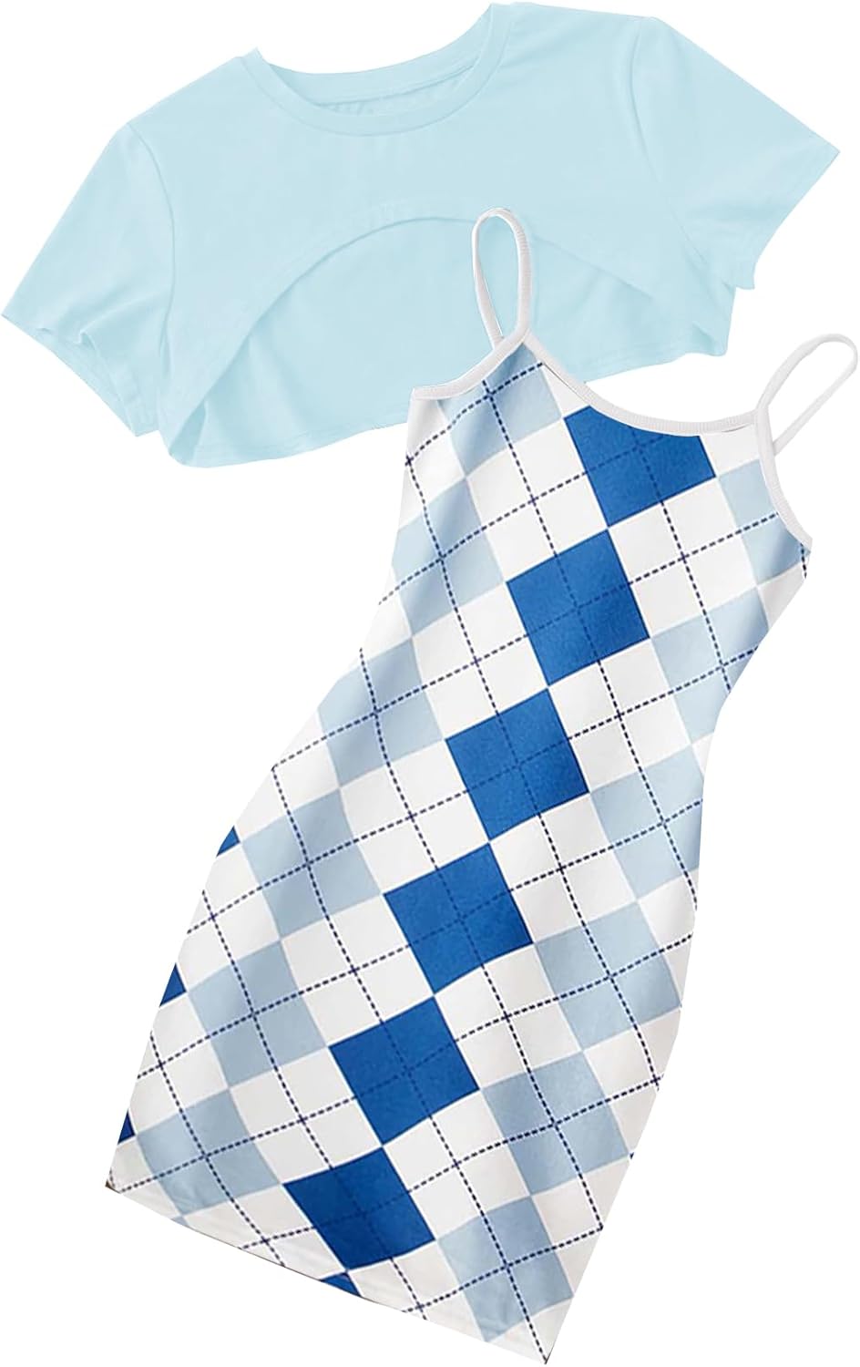 OYOANGLE Girl's Cute 2 Piece Outfits Print Cami Short Dress with Crop Top Tee Set