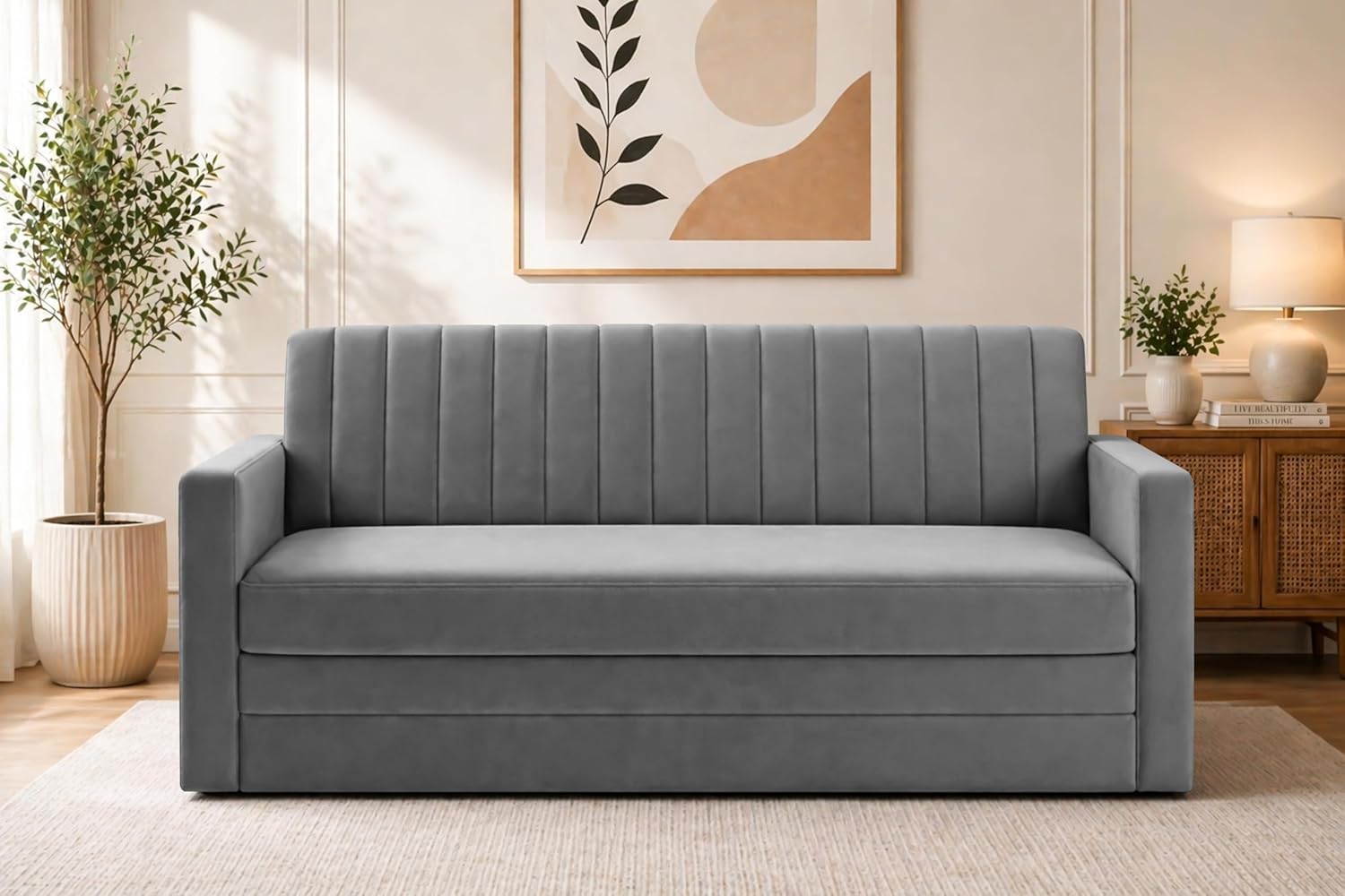 Winsome mattress Modern Velvet Three-Seater Sofa Cum Bed with Armrest, Convertible Sleeper Sofa Sofa for Living Room, Bedroom & Office - Grey Color