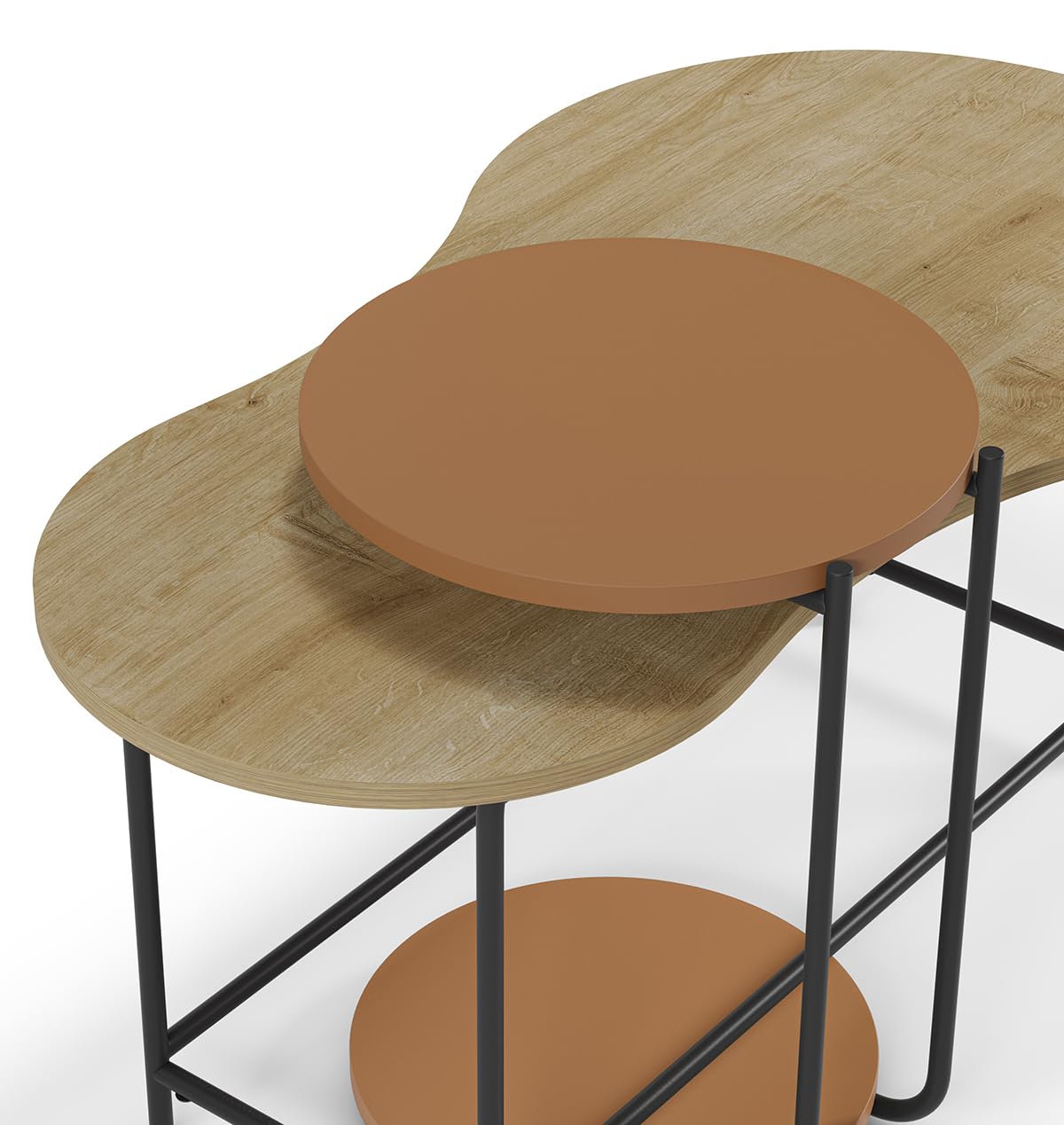 PEGANE Set de 2 Tables Basses, Tables de Salon Aspect Bois Coloris chêne, Terracotta et métal Coloris Noir