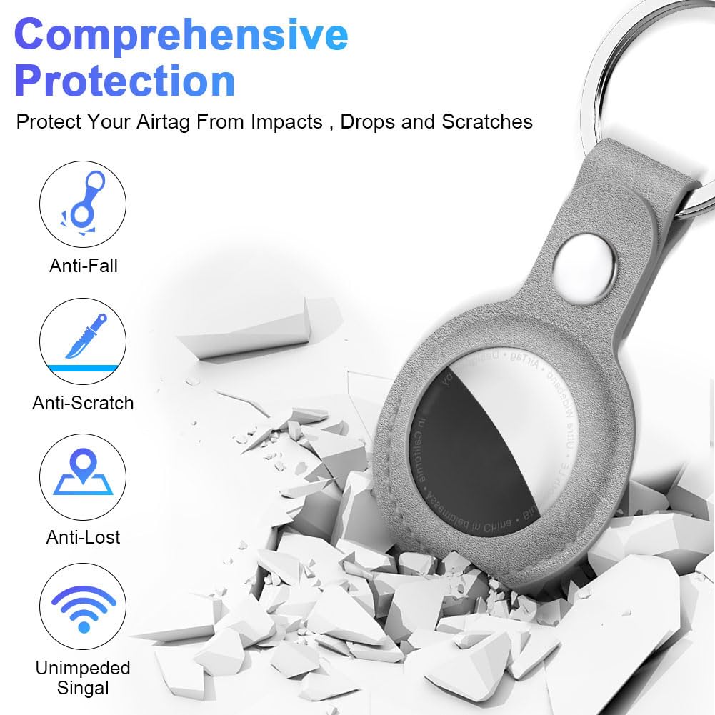 AXFEE Étui de Protection en Cuir pour Apple AirTag 2023, Porte-Clé, Anti-Chute et Anti-Rayures, Portable Key Finder pour Clés, Enfants, Animaux, Gris - 3