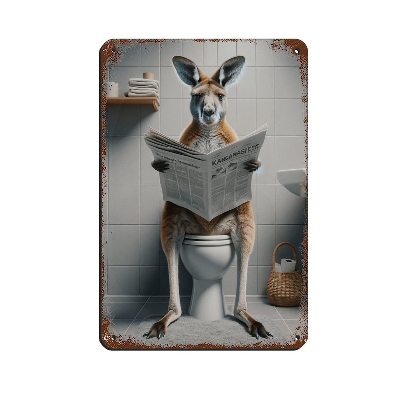 Photograph of A Kangaroo Reading The Newspaper on The Toilet Tin Sign Vintage Metal Pub Club Cafe Bar Home Wall Art Decoration Poster Retro 8x12inch(20x30cm)