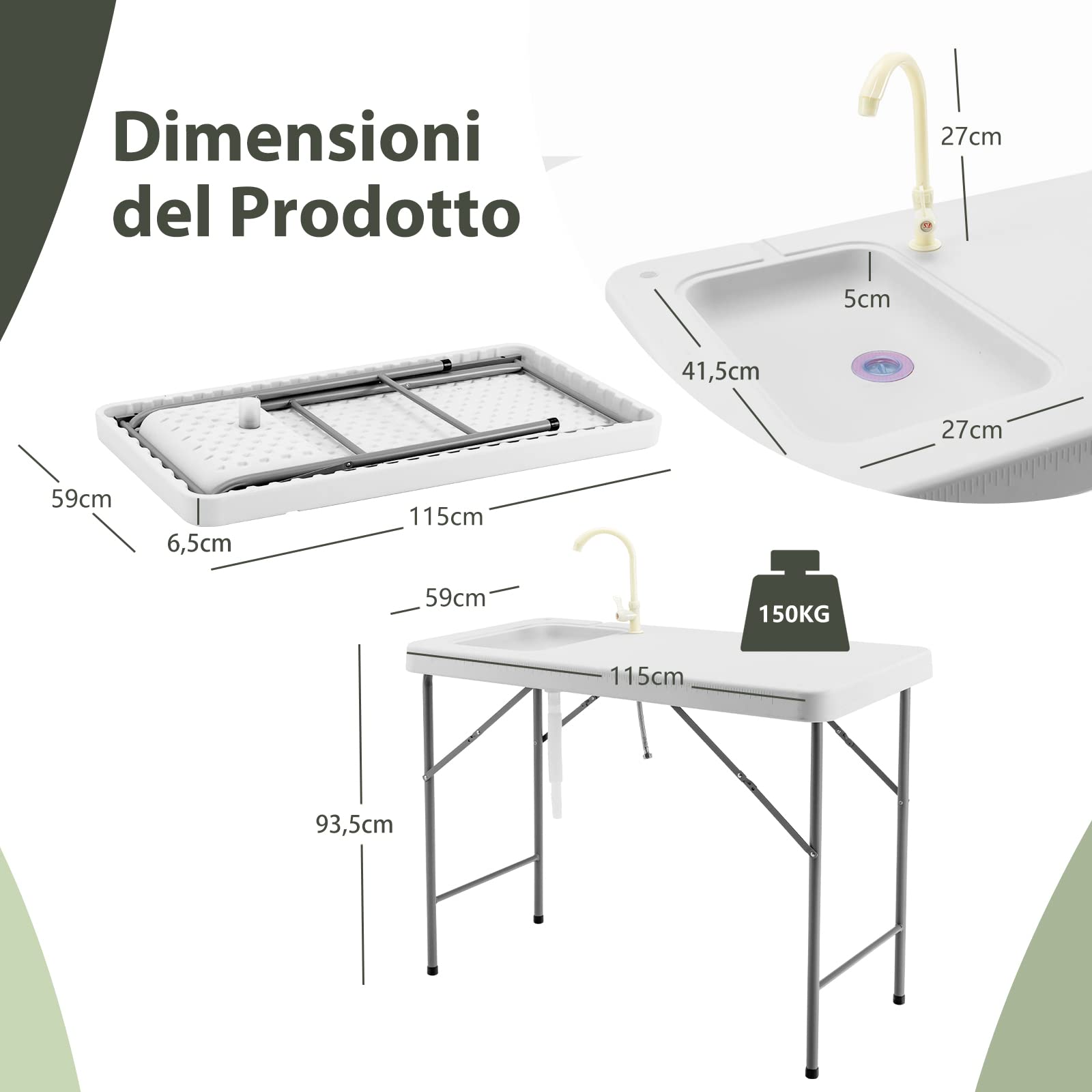 COSTWAY Tavolo da Campeggio Portatile, Tavolo Pieghevole con Lavandino, Rubinetto, Tubo di Scarico, Tavolo da Esterno, per Picnic e Campeggio, 115 x 59 x 93,5 cm, Portata 150 kg (Modello 6)