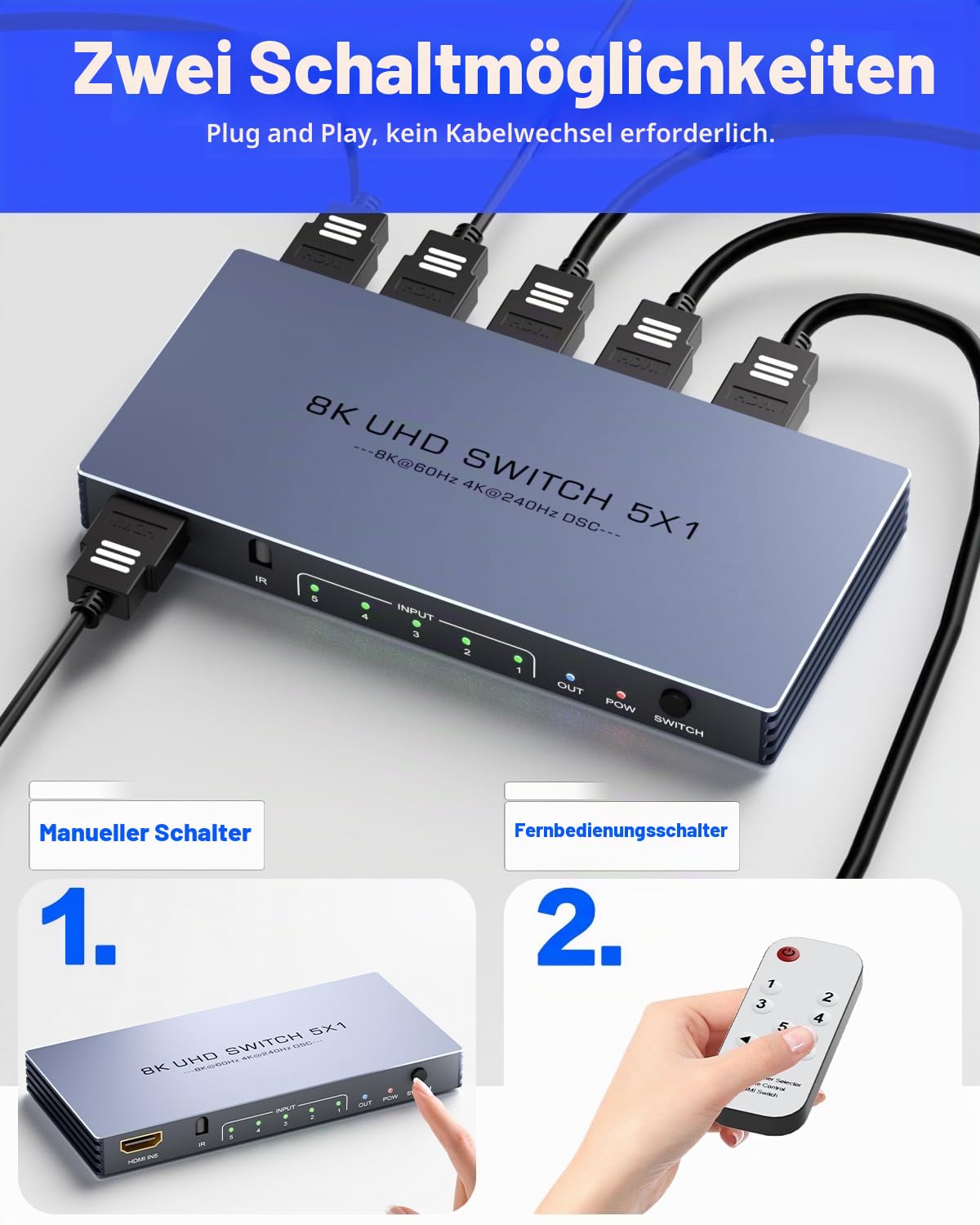 HDMI Switch 4K 240Hz - New Upgrade 5 in 1 Out 8K@60Hz 4K@240Hz 4K@120Hz HDMI Switch mit Fernbedienung Unterstützt 3D/HDR/HDCP2.3, Kompatibel mit PS5/4 Xbox Roku Apple TV Fire Stick