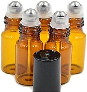 24PCS 5ml Amber Glass Roll-on Bottles Refillable Roller Bottle Vial Container Holder Pot Jar with Stainless Steel Roller Balls and Black Caps for Essential Oil Aromatherapy Perfumes Lip Gloss Balms