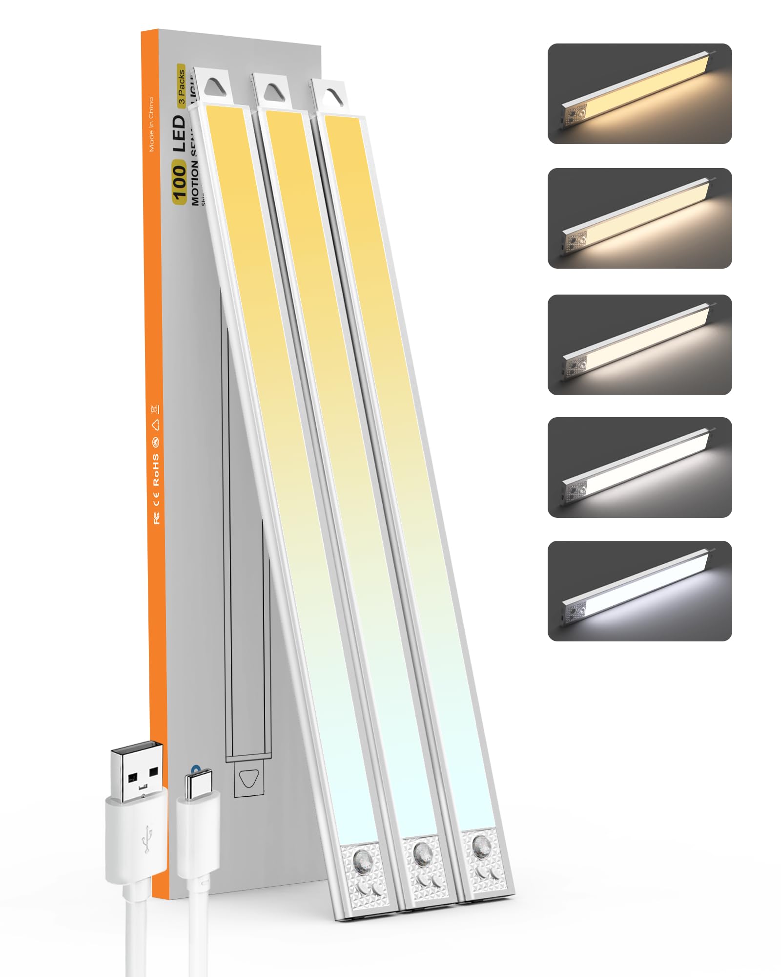 20 Inch Under Cabinet Lighting, 3Pack 5CCT Dimmable Closet Lights, Motion Sensor LED Lights of Wireless Rechargeable Battery Operated, Under Counter Light for Kitchen, Stairs, Bedroom, Wardrobe