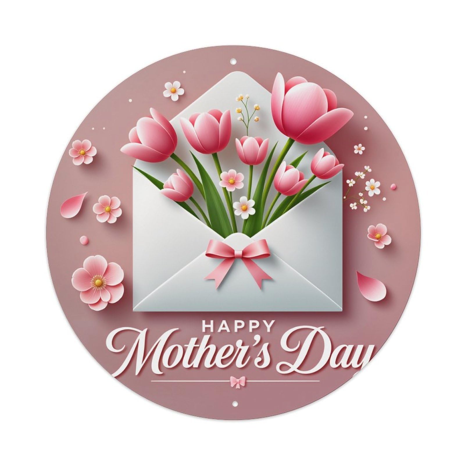 Floral Envelope Pink Tulips Bow Round Tin Sign Vintage Metal Poster Retro Bar, Home, Man Cave, Kitchen, Laundry Room Wall Art Decor Gift 8x8Inch