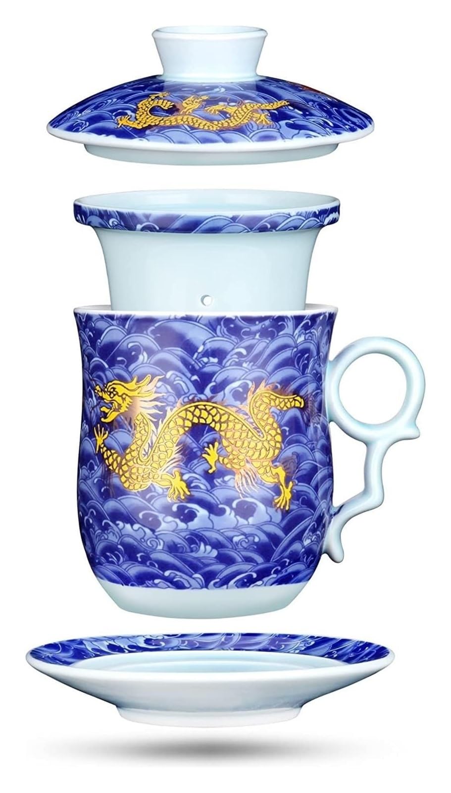 Ceramic Mugs Cup C Teacups,bowls,Chinese Dragon Pattern Tea-Mug Kit With Strainer Infuser And Lid And Saucer Ceramic Tea Mug Chinese Porcelain Personal Tea Cup 12.3oz(0.08 Gal) For Father's Day Birthd