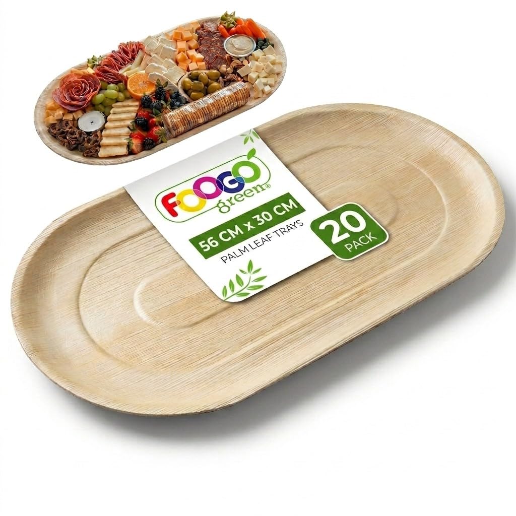 FOOGO Green 20 Vassoi Monouso Foglia di Palma, Ovali 56x30cm, Pizza | Biodegradabili e compostabili, resistenti a cibi caldi e unti, finitura naturale, per buffet, pizza e aperitivi
