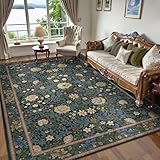 LIVEBOX Washable Boho Rugs, 8x10 Area Rug for Living Room, Floral Soft Large Boho Bedroom Rug, Botanical Non Slip Ultra Thin Floor Vintage Carpet for Dining Room Nursery Office, Dark Green/Black