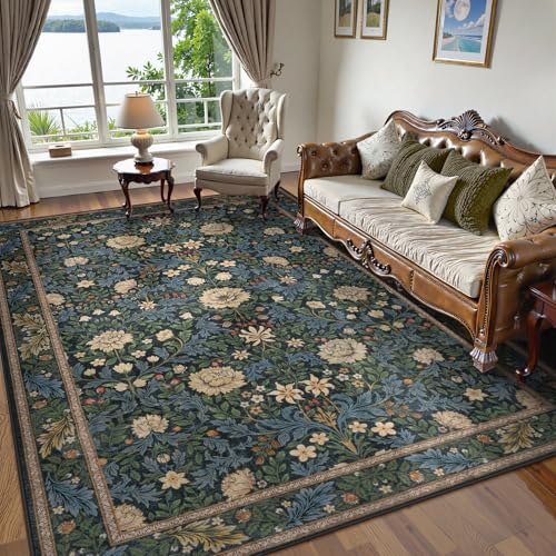 LIVEBOX Washable Boho Rugs, 8x10 Area Rug for Living Room, Floral Soft Large Boho Bedroom Rug, Botanical Non Slip Ultra Thin Floor Vintage Carpet for Dining Room Nursery Office, Dark Green/Black