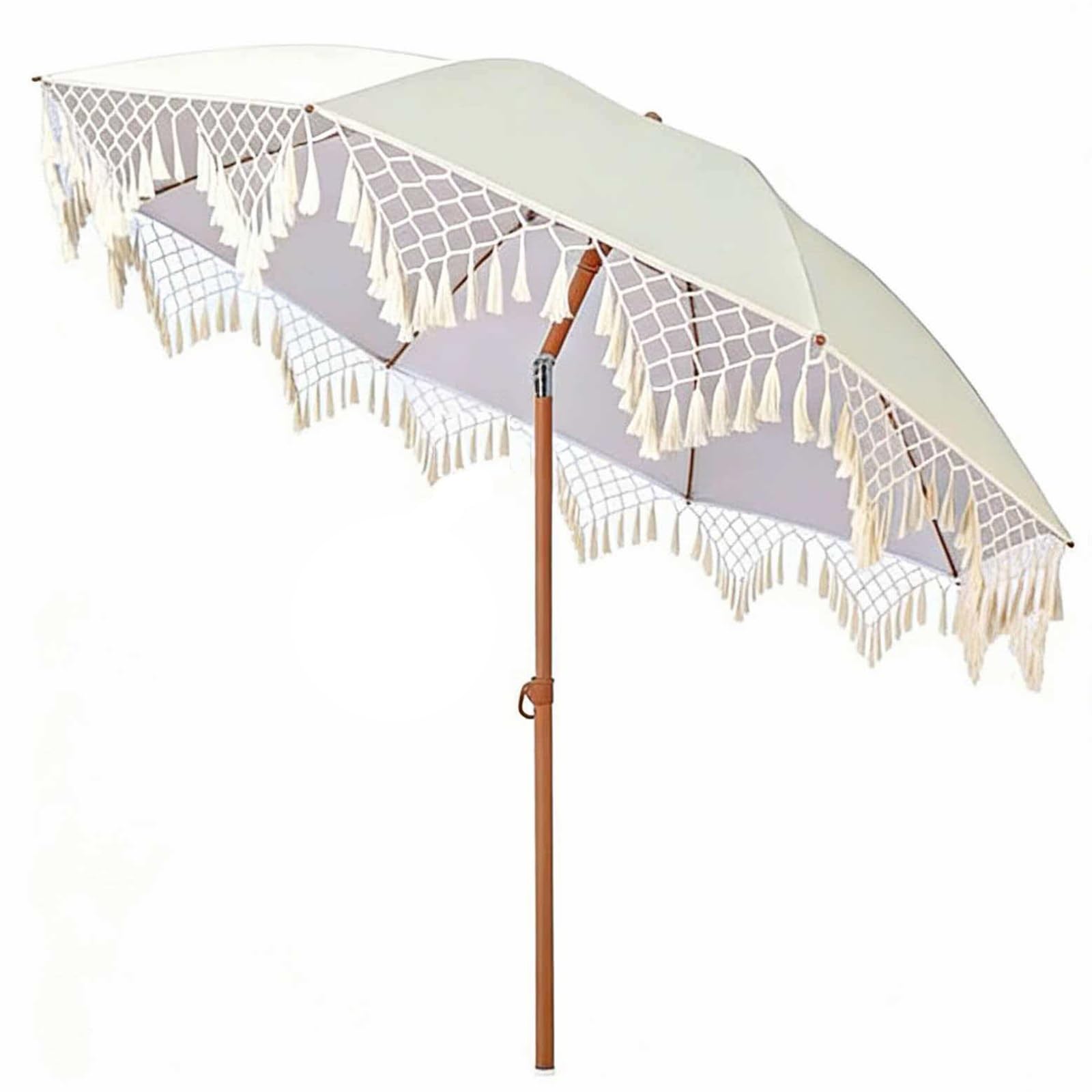 2M Weißer Garten-Sonnenschirm, Boho Makramee-Fringe Strandschirm, Neigbarer & Höhenverstellbarer Terrassenschirm, Für Pool, Balkon, Strand & AußenTerrasse