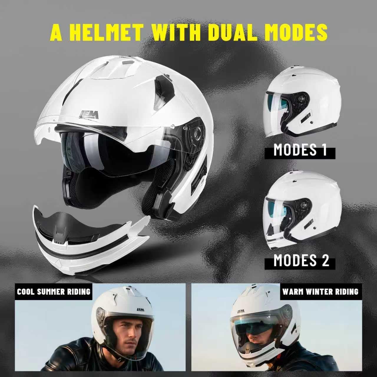 LEM Modular Motorcycle Helmets for Adults, Full Face Motorcycle Helmets for Women, Detachable Chin Guard, DOT Approved, Anti-Fog PINLOCK & DVS Dual Vision, Double D Lock, Quick Series(White, Small)