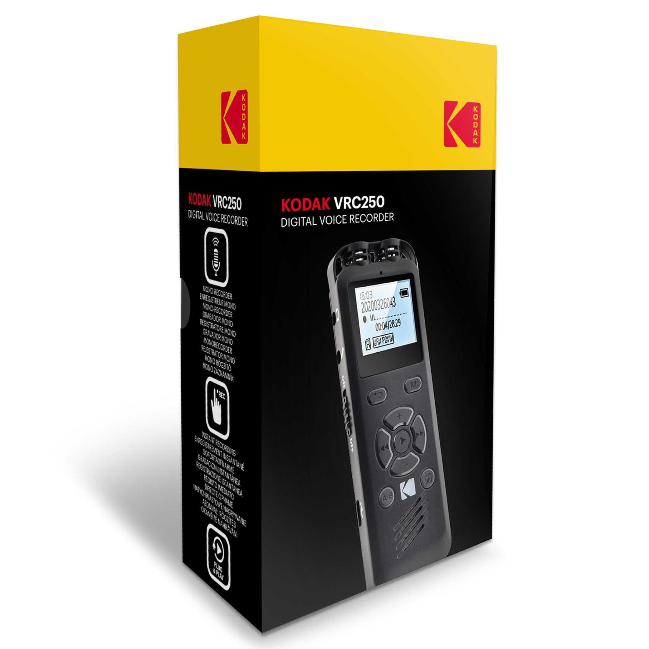 KODAK VRC250 - Dyktafon cyfrowy, 8 GB, ekran 1,4, Plug and Play, odtwarzacz MP3, akumulator litowy - czarny