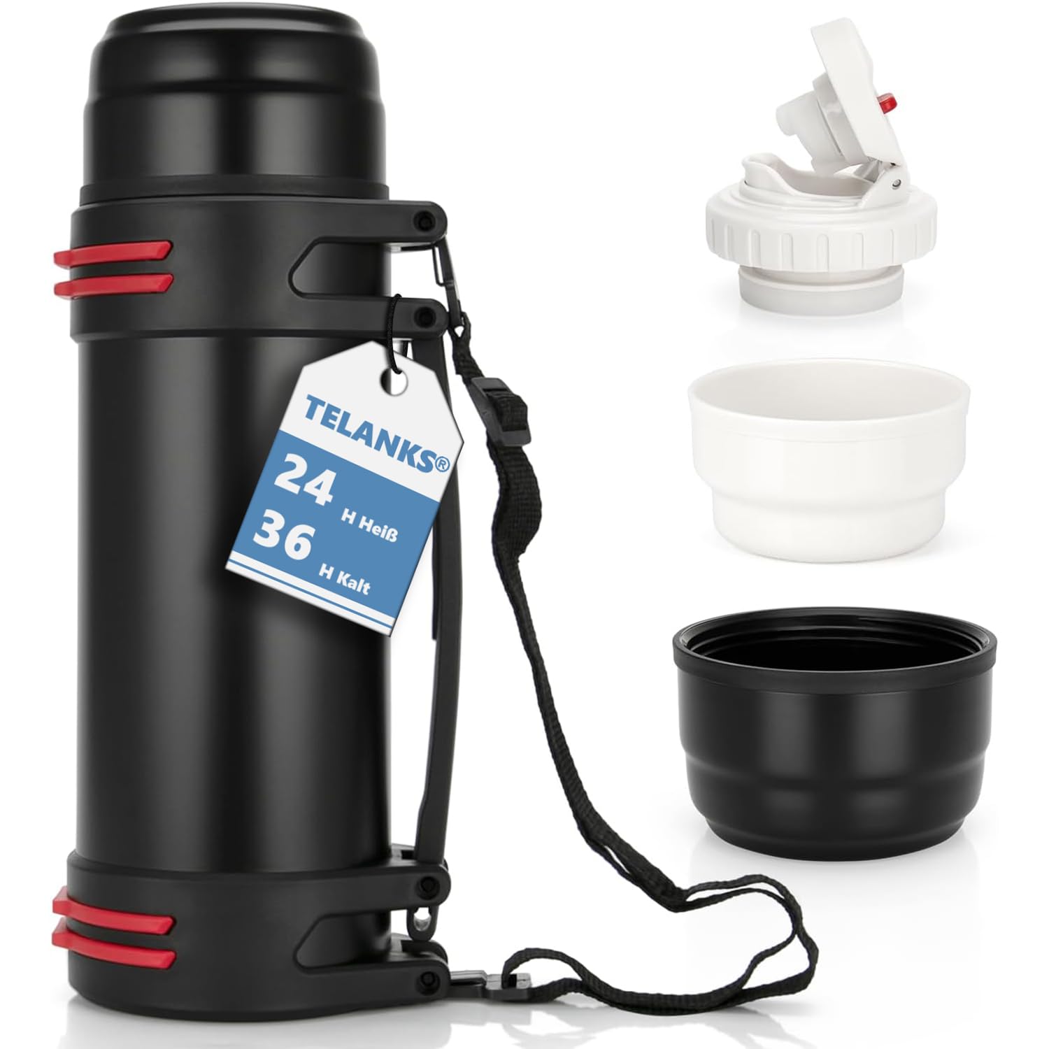 Thermos per Viaggi 1,5 L, Doppia Parete in Acciaio Inox, Thermos con 2 Bicchieri, Senza BPA, 100% a Prova di Perdite, Borraccia Termica, Sport, Attività all'aperto, 24 ore Tenuta Calda e Fredda