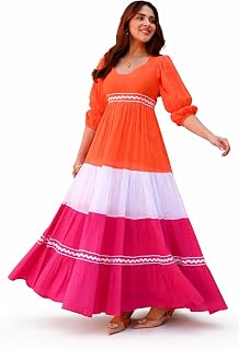 BOOSTY Women's Color Block Maxi Dress, 3/4 Sleeve, Tiered Design with Lace Trim Price In India