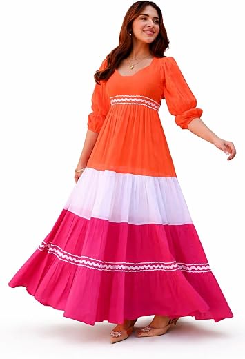 BOOSTY Women's Color Block Maxi Dress, 3/4 Sleeve, Tiered Design with Lace Trim