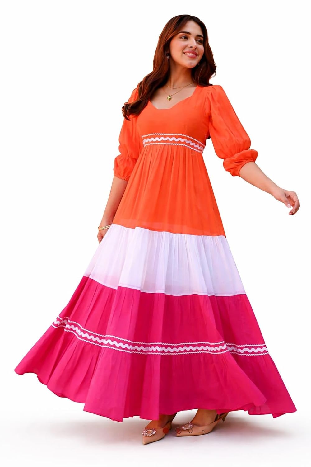 BOOSTY Women's Color Block Maxi Dress, 3/4 Sleeve, Tiered Design with Lace Trim - Review, Price and Buying Guide
