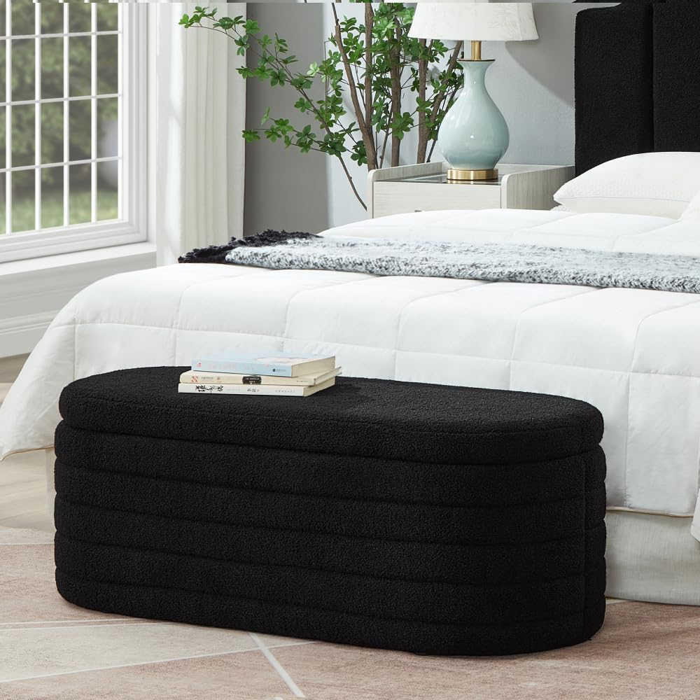 Modern Oval Storage Ottoman Bench, Upholstered Boucle Teddy Fabric End of Bed Bench with Storage, End of Bed Stool with Safety Hinge for Bedroom, Living Room, Entryway, White (Black)