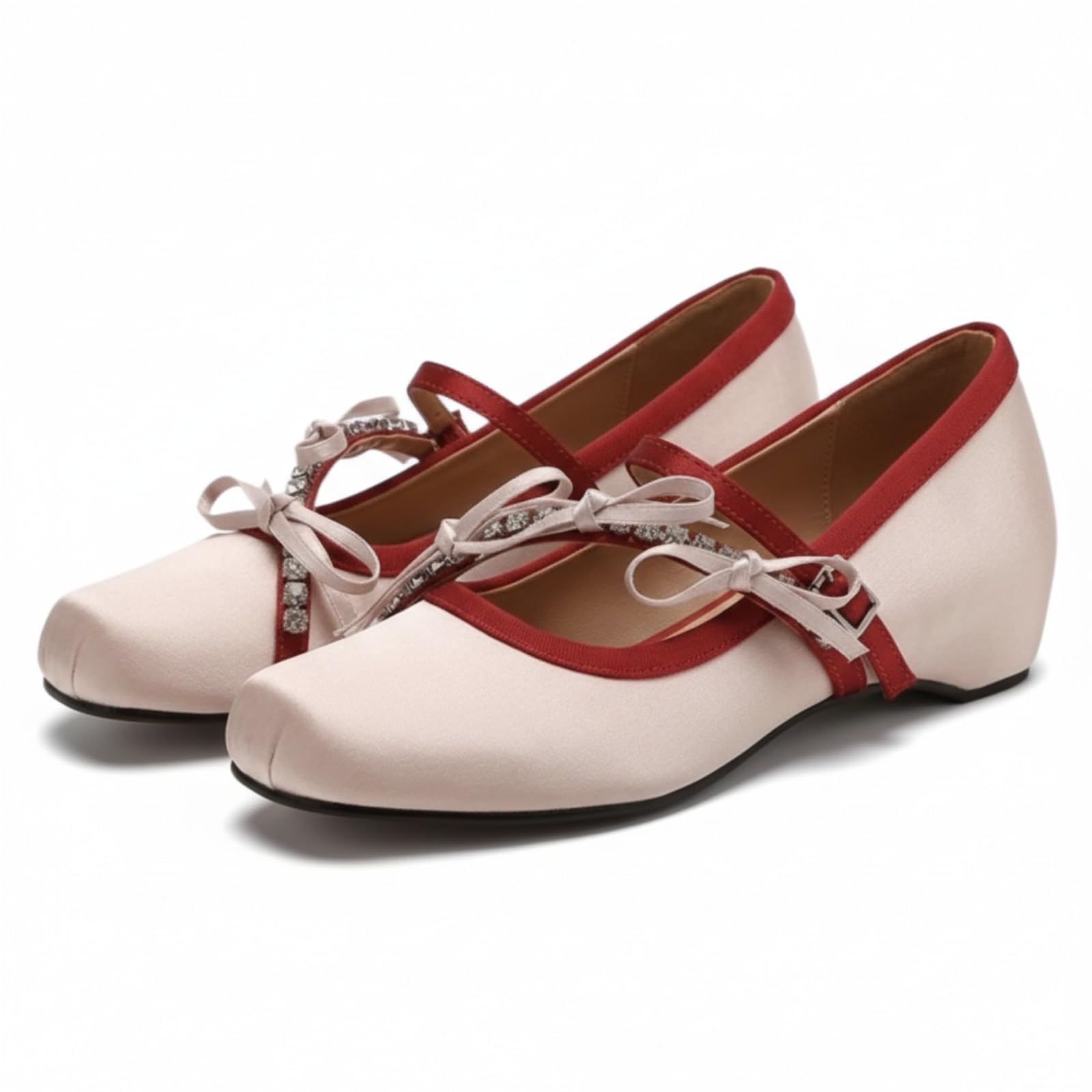 Women's Balletcore Romantic Mary Janes, Double Bow Rhinestone Chain Low Wedge Shoes, Satin Texture Comfortable Slip-on Flats for Wedding Party Office 6 Pink