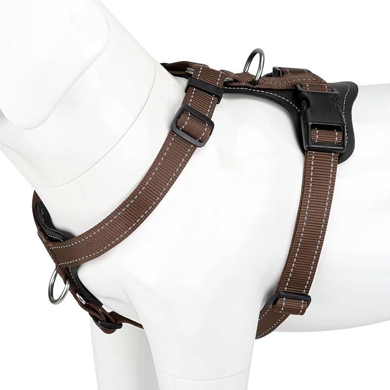Plutus Pet No Pull Dog Harness with Leather Accents, Adjustable Reflective | Heavy Duty Nylon Pet Vest, for Training and Hiking, Front Clip, Easy Walk for Small Medium Large Dogs, Chocolate, L