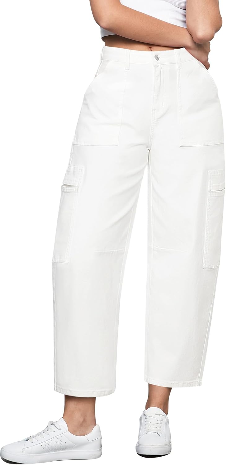 GRAPENT Barrel Jeans for Women Trendy High Waisted Cropped Cargo Pocket Baggy Stretch Denim Pants Wide Leg Tapered Jeans