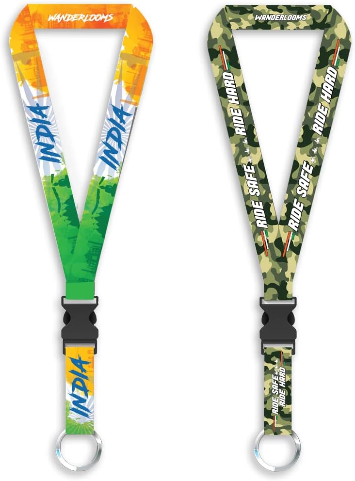 WANDERLOOMS Satin Printed Long Lanyard Biker Keychain Indian Vibes & Ride Safe Ride Hard Detachable Tricolor Key Chain Tags for Bike Rider Cars Home (Pack of 2)