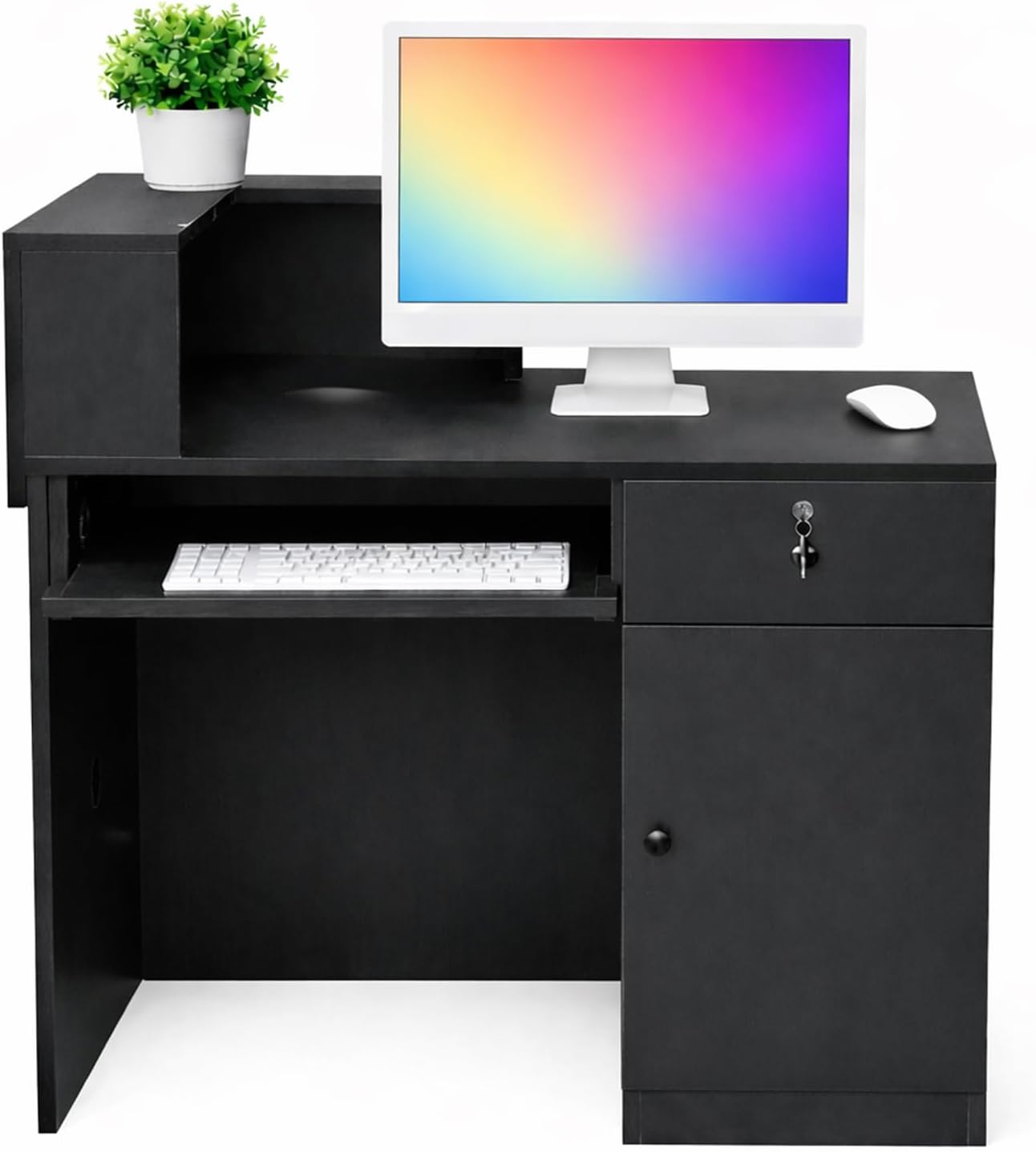 Modern Reception Desk with Storage Drawer & Counter Shelf, 39.4" Front Counter Reception Table for Office, Salon, Lobby, Retail Store (Black, Left Table)