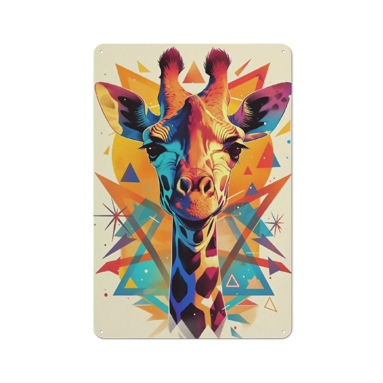Junmoney Style-23 Workshop Style Colorful Giraffe Portrait With Geometric Background Decorative Metal Plaque 30X20cm, Workshop Wall Decor For Garage, Hobby Room, Office Or Man Cave