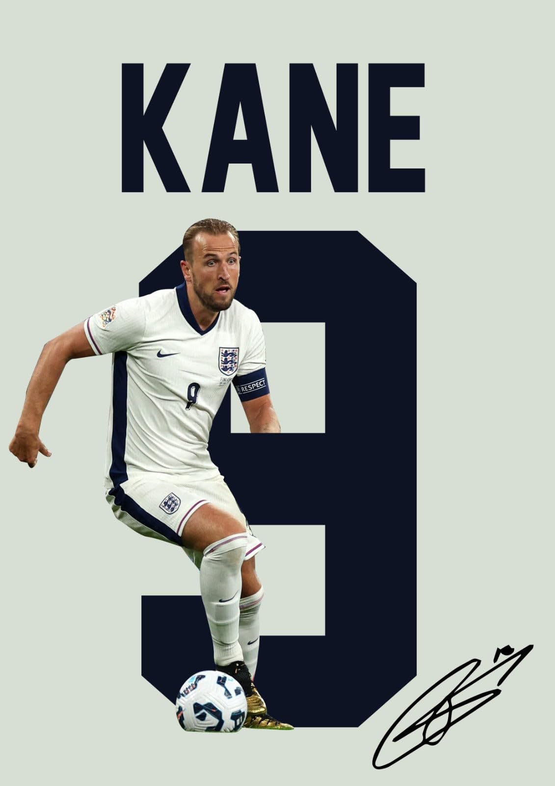 Harry Kane Signed Poster Print – England National Team Captain Tribute Wall Art with Signature & Jersey No. 9 – Striker Memorabilia for Football Fans, A3 Poster + White Frame