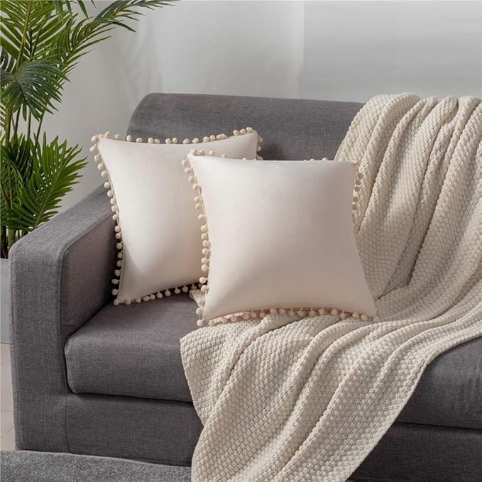 Amazon Brand - Umi Velvet Pompom Cushion Cover 16x16 Inch - Set of 2 Large Square Throw Pillow Covers for Sofa Living Room or Home Decor in Cream Color-image-39