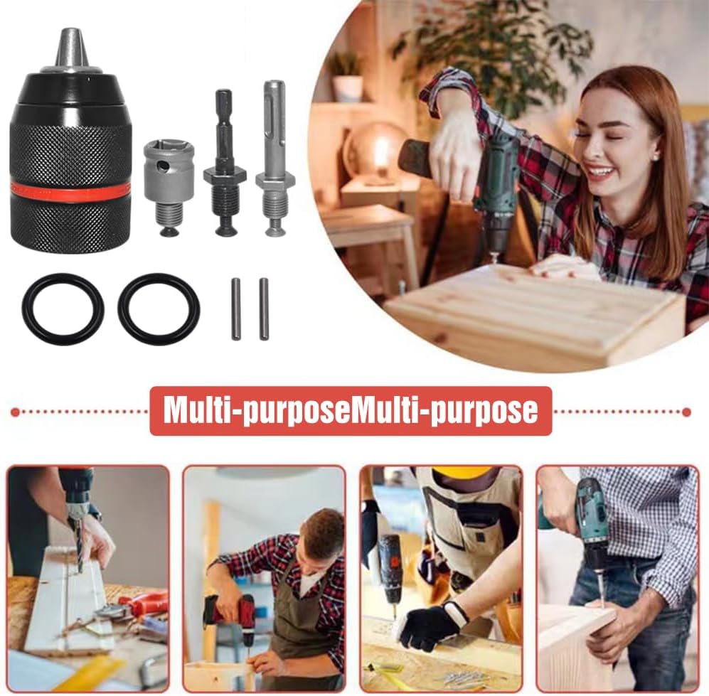 Keyless Drill Chuck for Milwaukee, 1/2"-20UNF Mount, 1.5-13mm All-Metal Self-Tightening Quick Change Chuck, Including 3/8" SDS-Plus Shank 1/2" Impact Wrench Adapter 1/4" Hex Shank