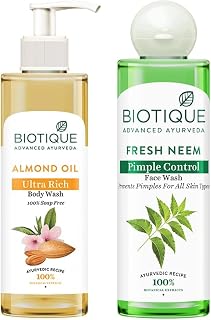Biotique Bio Neem Purifying Face Wash, 200 ml & Almond Oil Ultra Rich Body Wash, Botanical Extracts, 200 ml