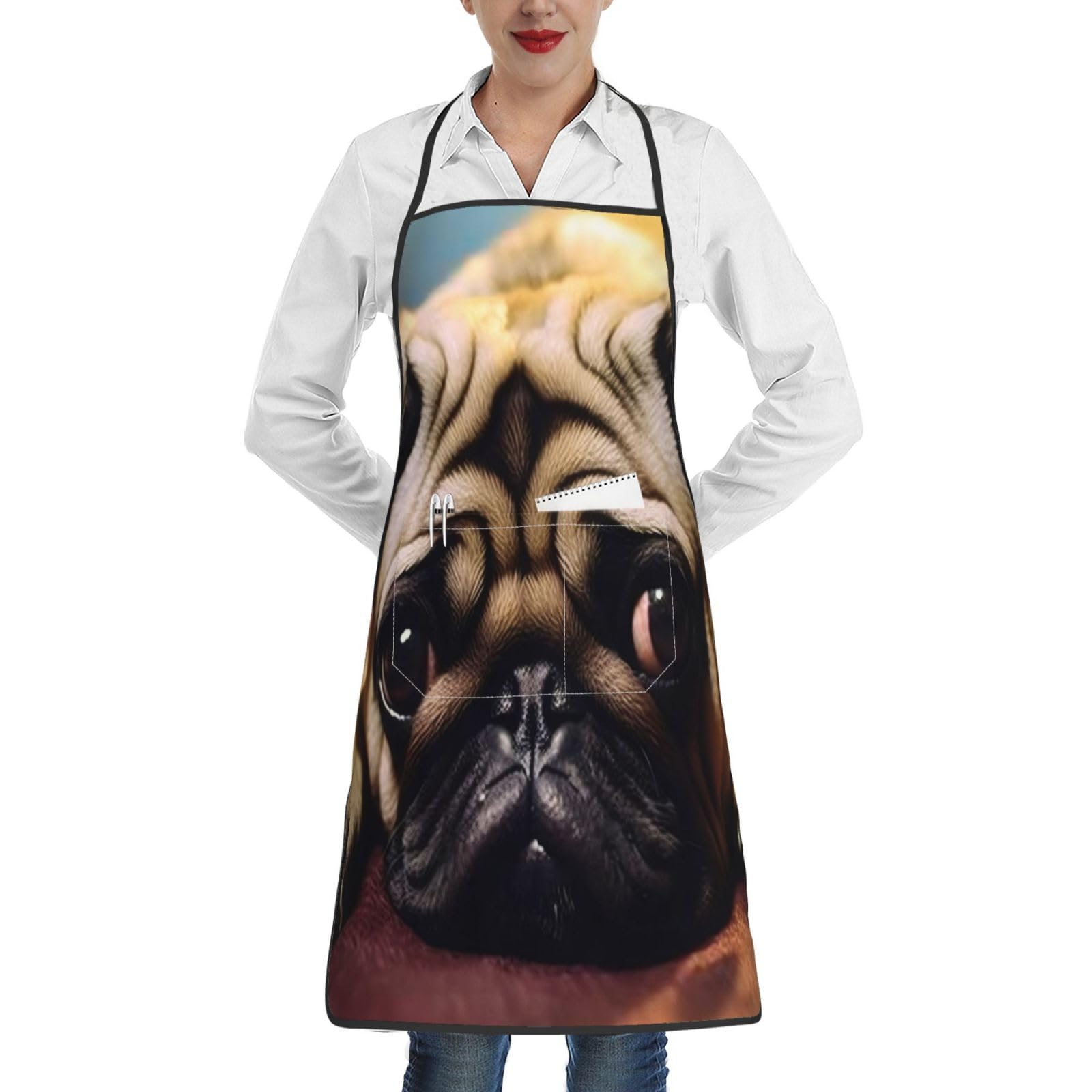 BKTRAVERPT Fashion Cry Pug Apron - Waterproof Adjustable Large Bib Aprons With Pockets For Women & Men, Cooking Kitchen Apron For Chef, Bbq, Baking, Waitress, Restaurant, Coffee House