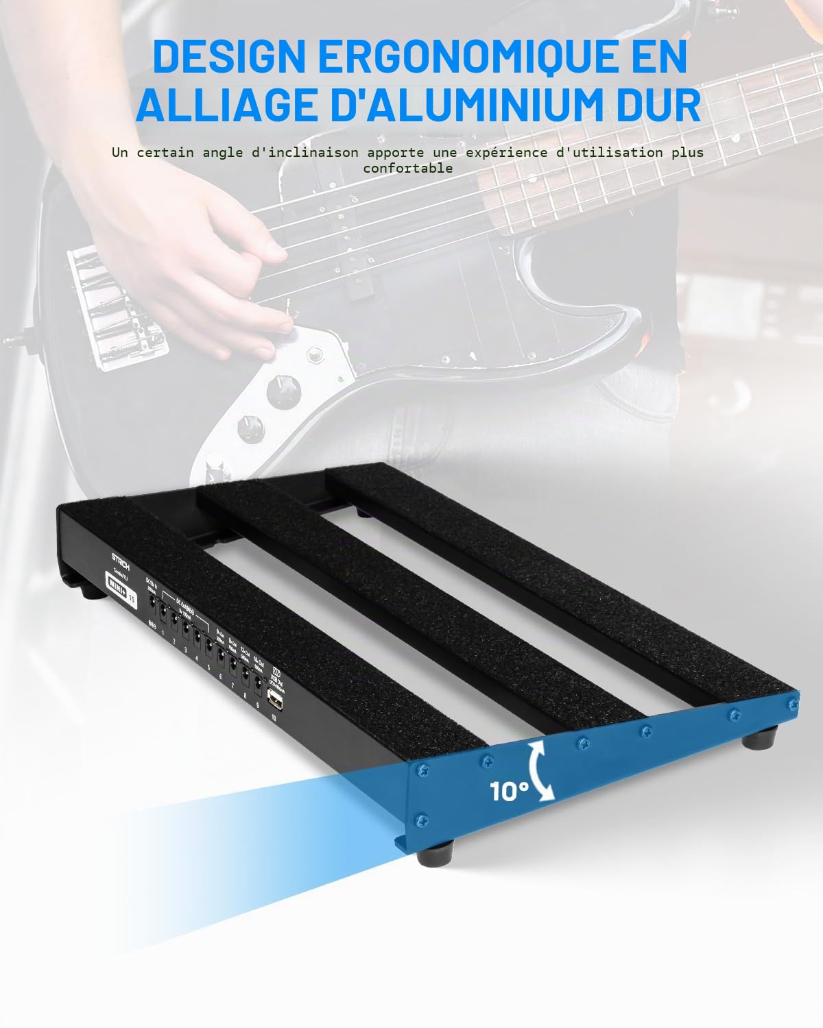 STRICH Pédalier de guitare avec alimentation intégrée, pédalier de 38,1 x 19,8 cm en alliage d'aluminium léger, pédalier avec câbles de pédale, sac, bandes auto-agrippantes PB-MP15