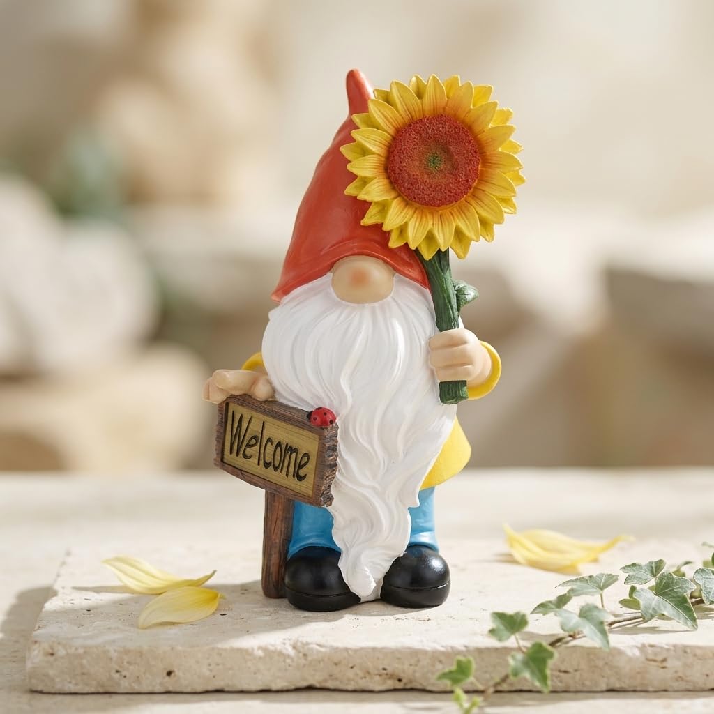 suruim Estatua de gnomo de jardín con luces LED, figura de Tomte Nisse de resina de girasol de 12 pulgadas con letrero de bienvenida, decoración de jardín al aire libre para patio, césped, patio