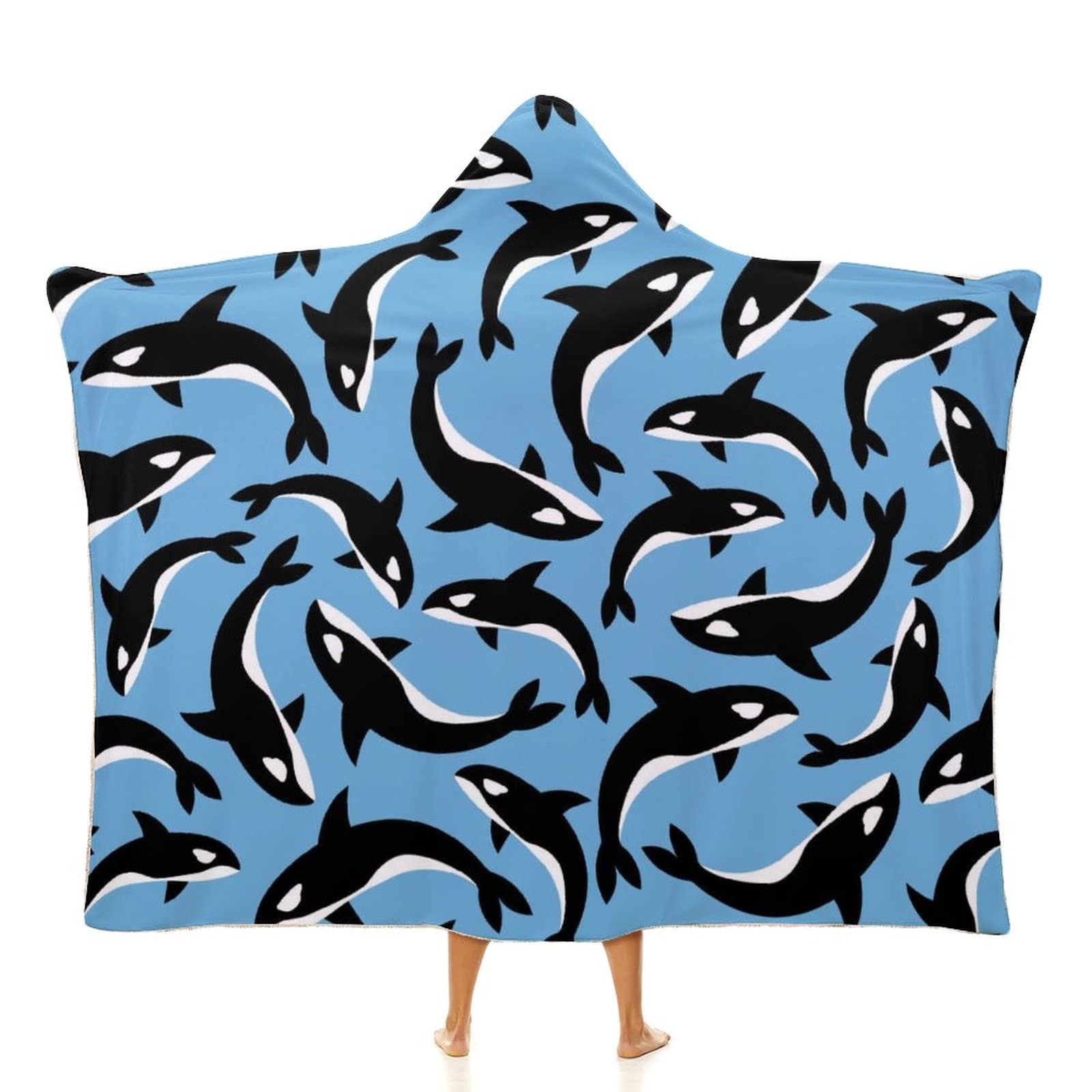Killer Whales Orca Wearable Hooded Blanket Warm Cozy Blanket Oversized Throw Cape for Bed Sofa 50"x60"