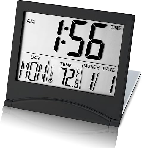 Reloj despertador digital pequeño de viaje, funciona con pilas, reloj despertador portátil de gran número con fecha y temperatura, reloj de