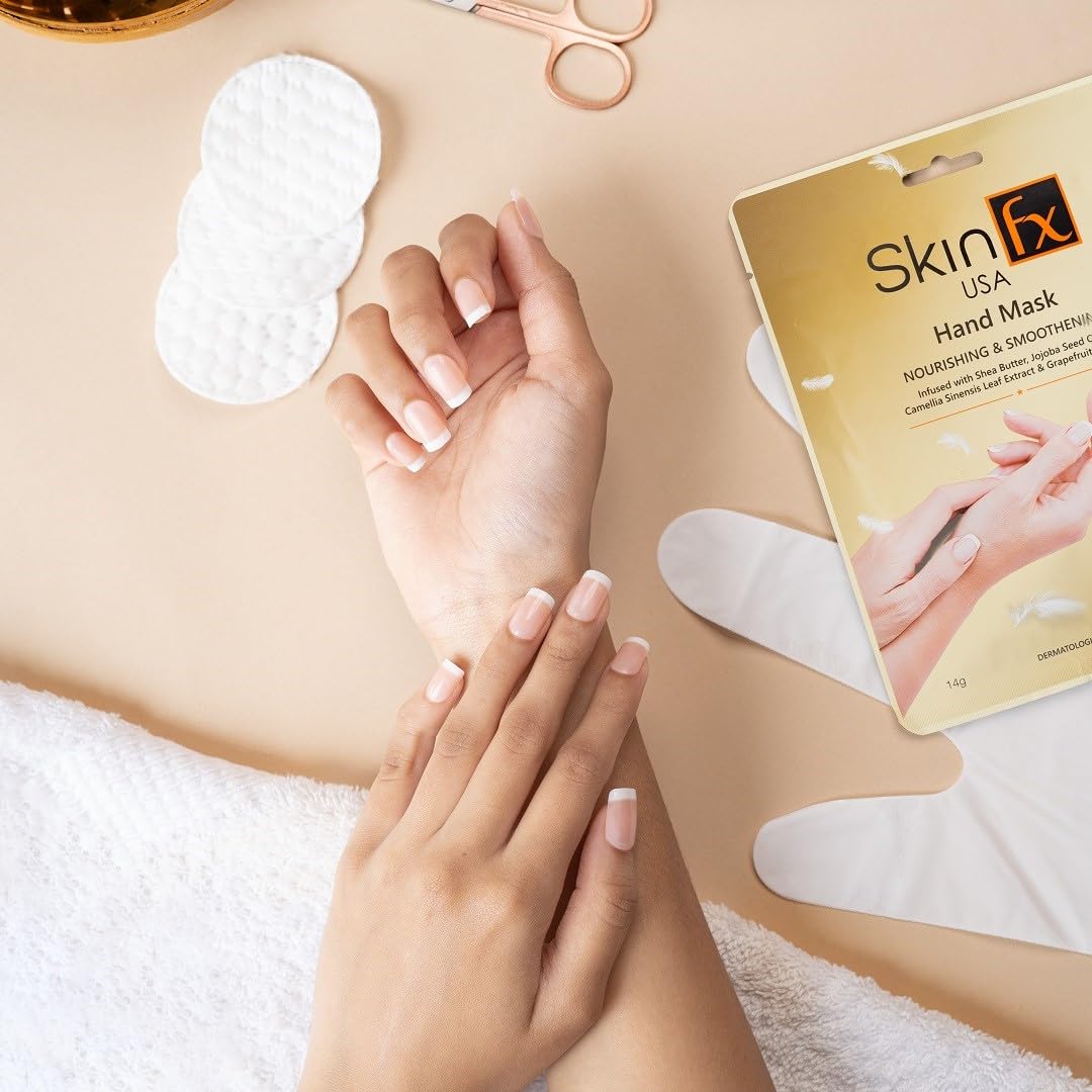 Skin Fx Hydrating Hand Sheet Mask (Gloves) with Shea Butter, Jojoba Oil & Tea Tree | Moisturizing & Nourishing for Baby Soft Hands | Evens Skin Tone | Vegan & Paraben-Free | Pack of 1 2