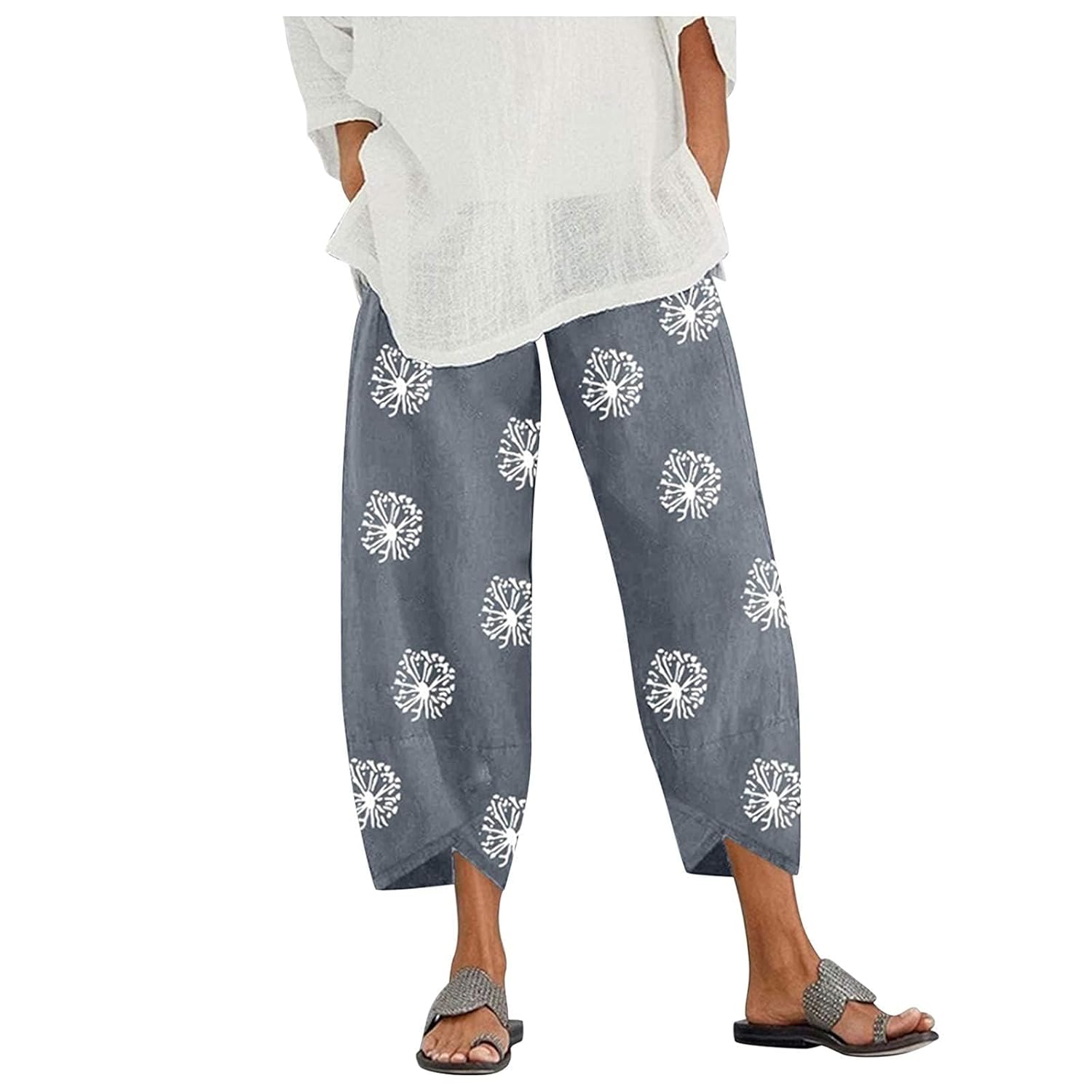 ZOCAVIA Womens Cotton Linen Casual Summer Capri Pants Cropped Comfy Baggy Trousers with Pockets Palazzo Lounge Pants