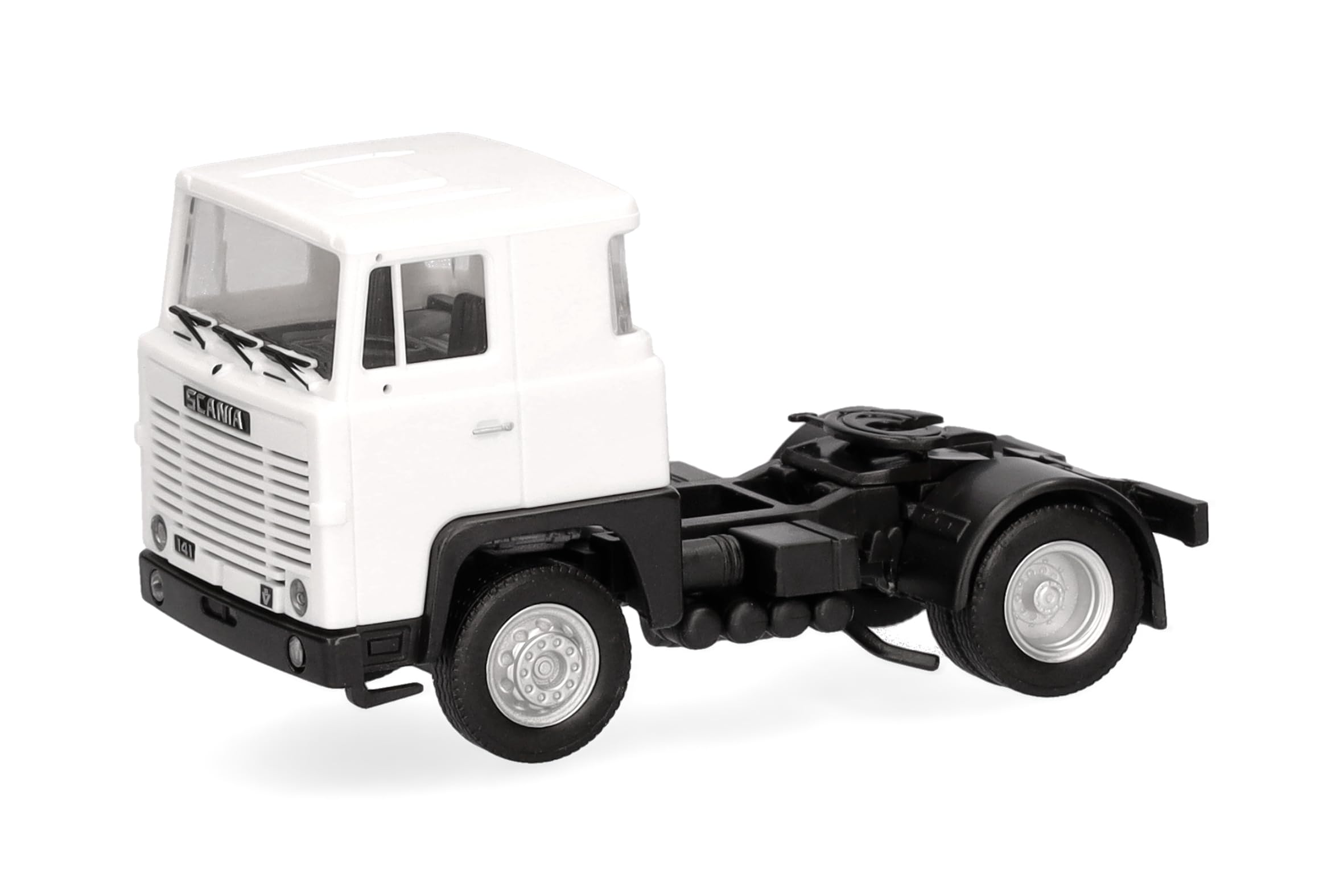 Herpa truck model Scania 141 rigid tractor 2axles, on a scale of 1:87, plastic miniature, made in Germany, model building, collectors edition, white