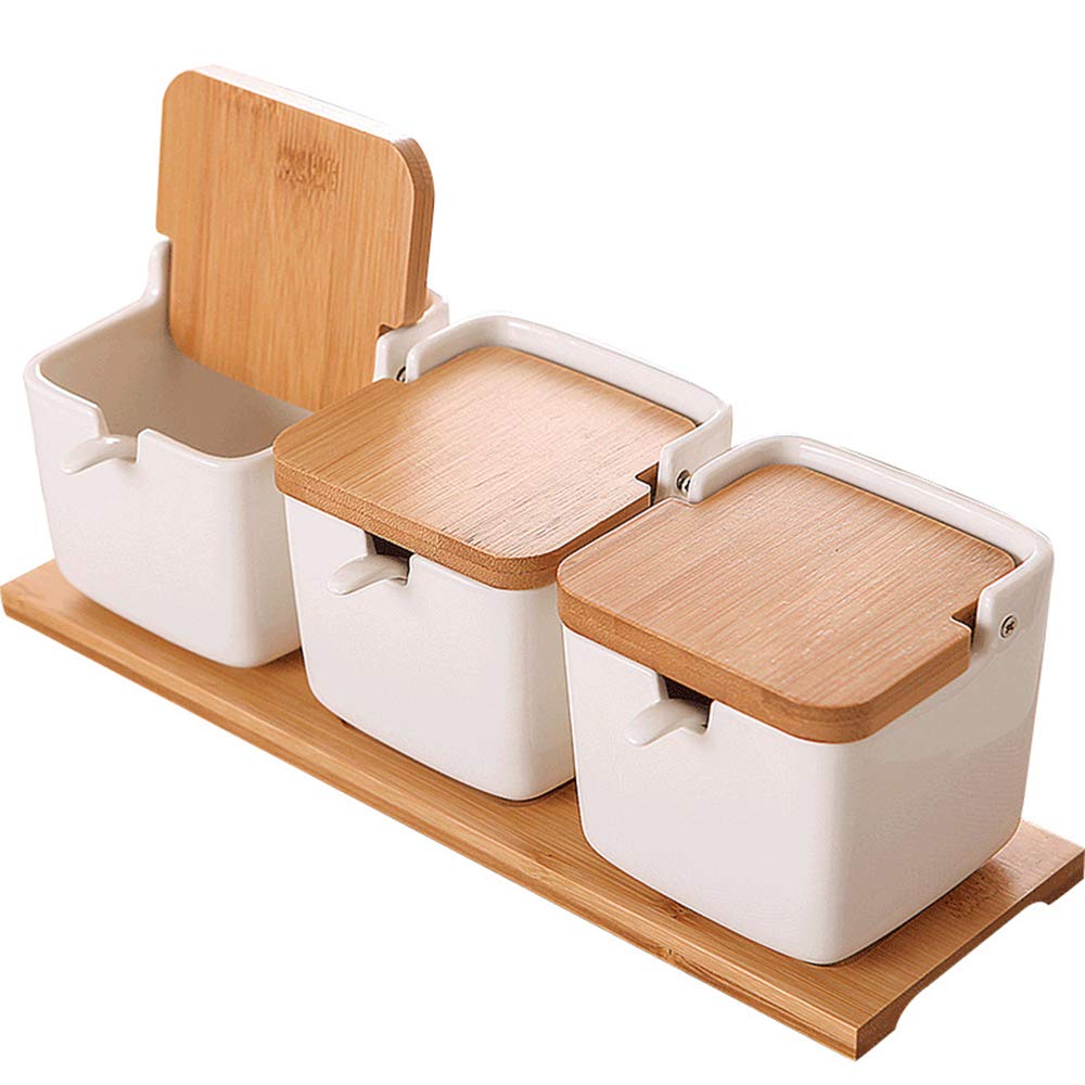 Pots à épices en céramique Pot à sel pour la Maison et la Cuisine avec Couvercle, cuillère et Support Porte-épices, 3 pièces