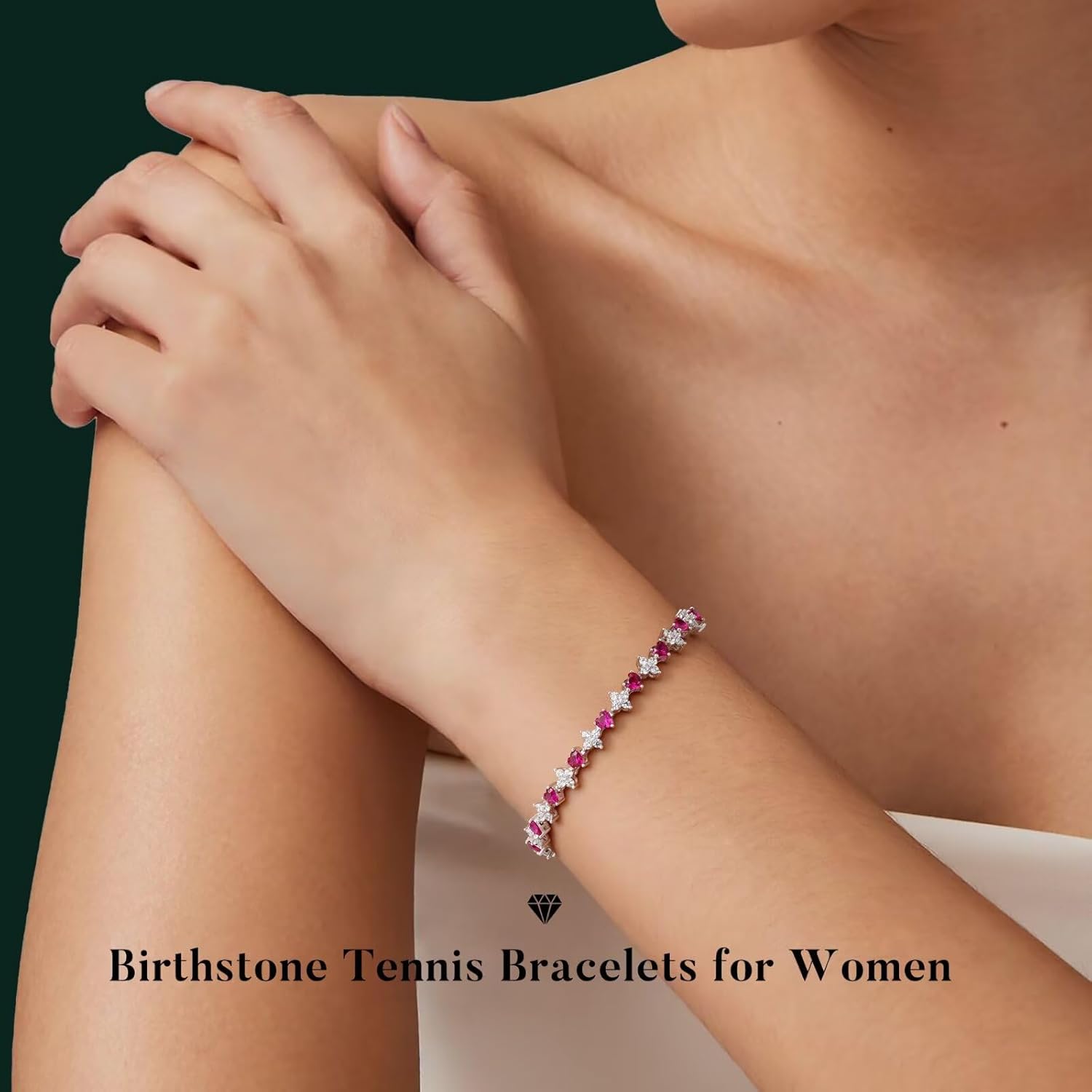 Iefil Heart & Four-leaf Clovers Tennis Bracelets for Women - 925 Sterling Silver Heart Birthstone Bracelet, Anniversary Birthday Gifts for Women, Fine Jewelry Gifts for Wife Mom Her, 7"-7.5" - Image 2